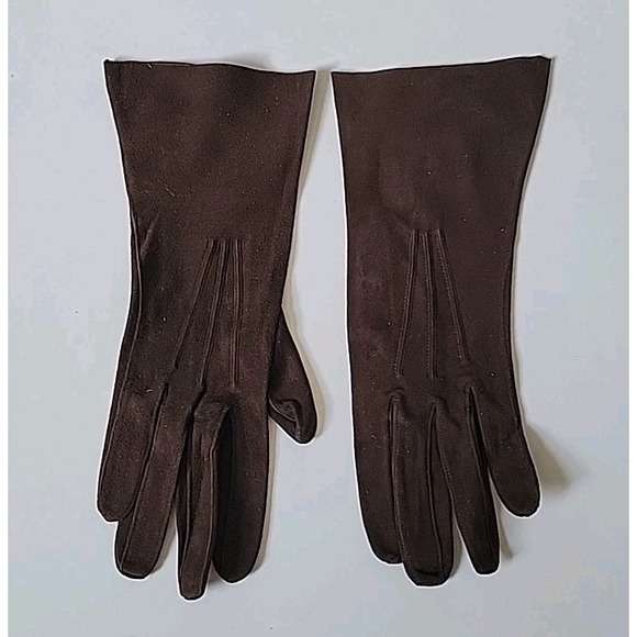 Miss Aris Gloves Vintage Suede Bracelet Length Five Finger Chocolate Brown - Picture 2 of 10